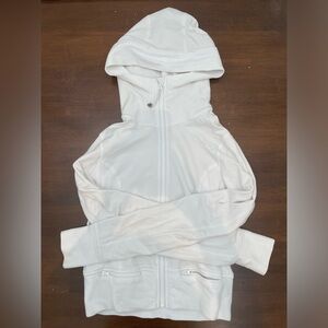 White Lululemon Scuba Full-Zip Hoodie cotton hoodie waiste length.